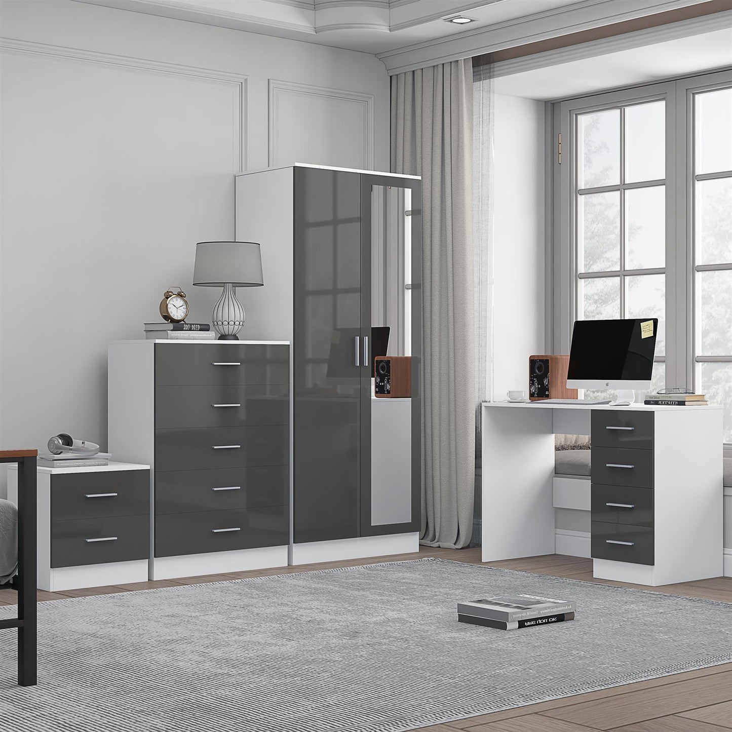 REFLECT Gloss 4pc Set - 2 Door Mirrored Wardrobe + 5 Draw Chest + Bedside + Desk