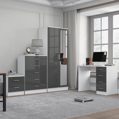 Reflect 2 Door Mirror Wardrobe, 5 Drawer Chest, 2 Drawer Bedside & Desk - Grey Gloss & Matt White - Modern Bedroom Furniture Set