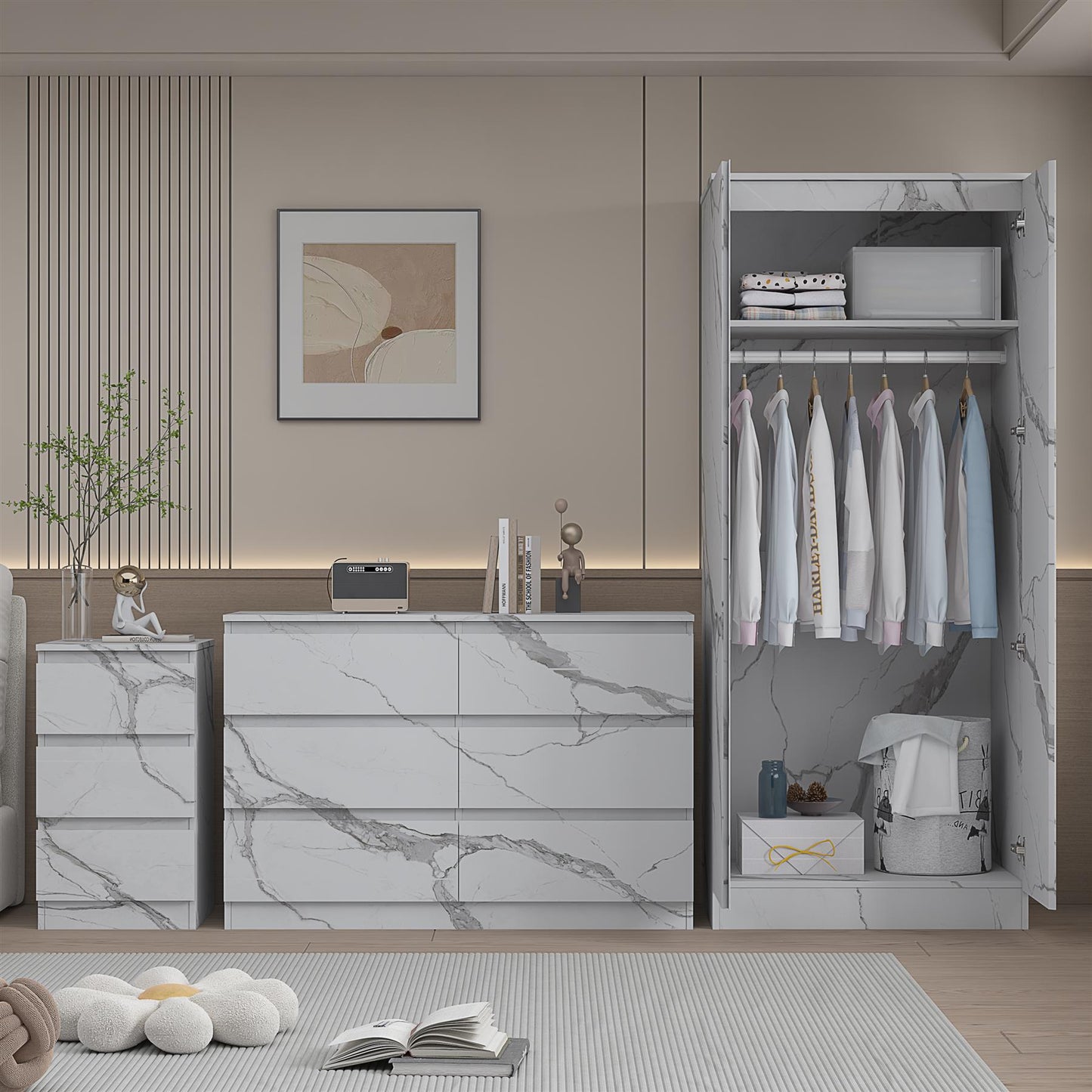 ZITA 3pc Set - 2 Door Wardrobe + Wide Chest + Bedside in White OR Grey Marble
