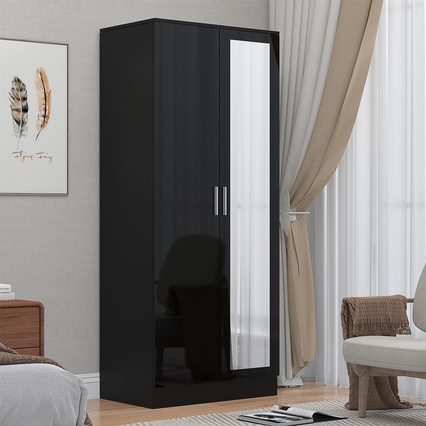 REFLECT High Gloss Bedroom Furniture Wardrobe Chest Bedside Desk Option in Black