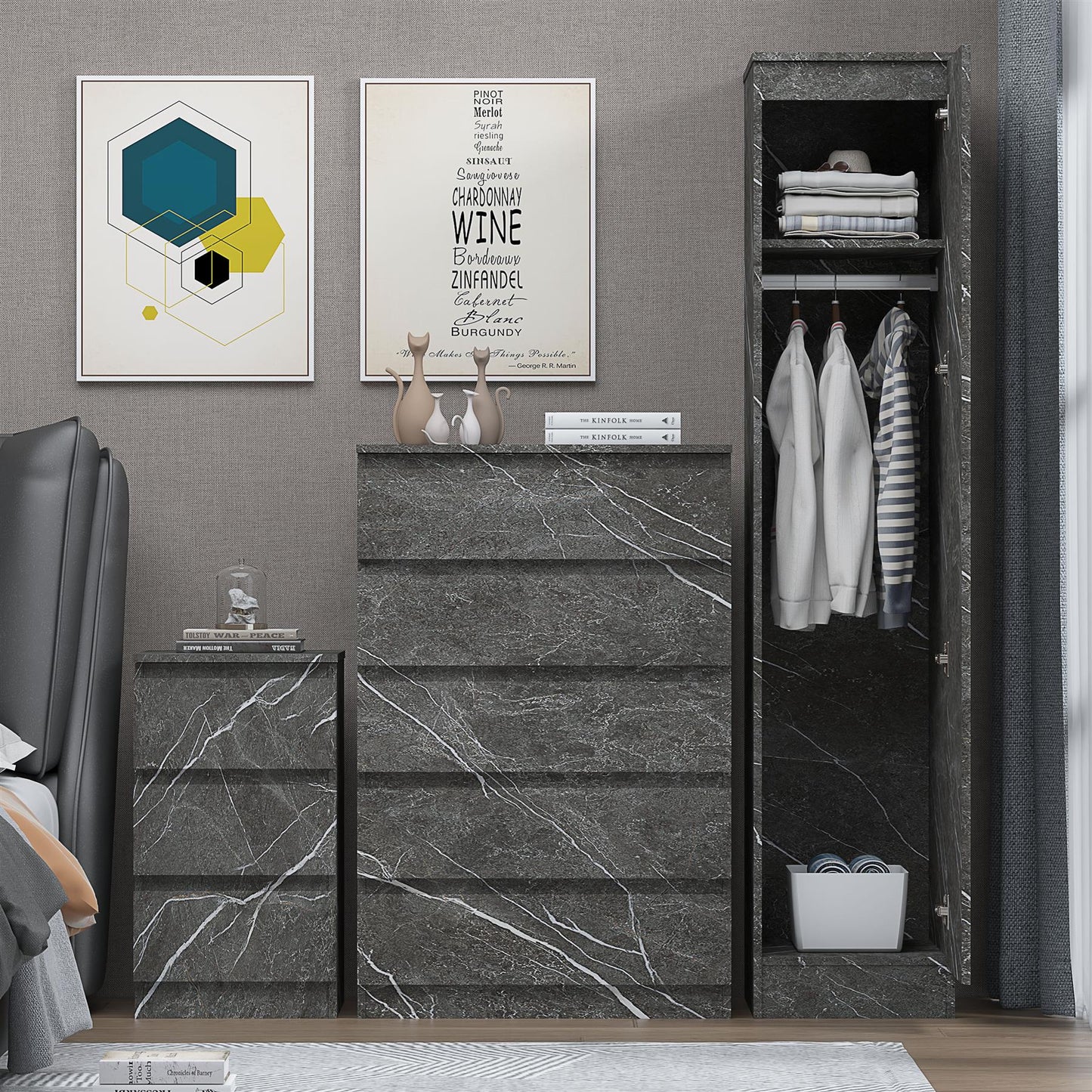 ZITA 3pc Set - 1 Door Wardrobe + Tall Chest + Bedside in White OR Grey Marble
