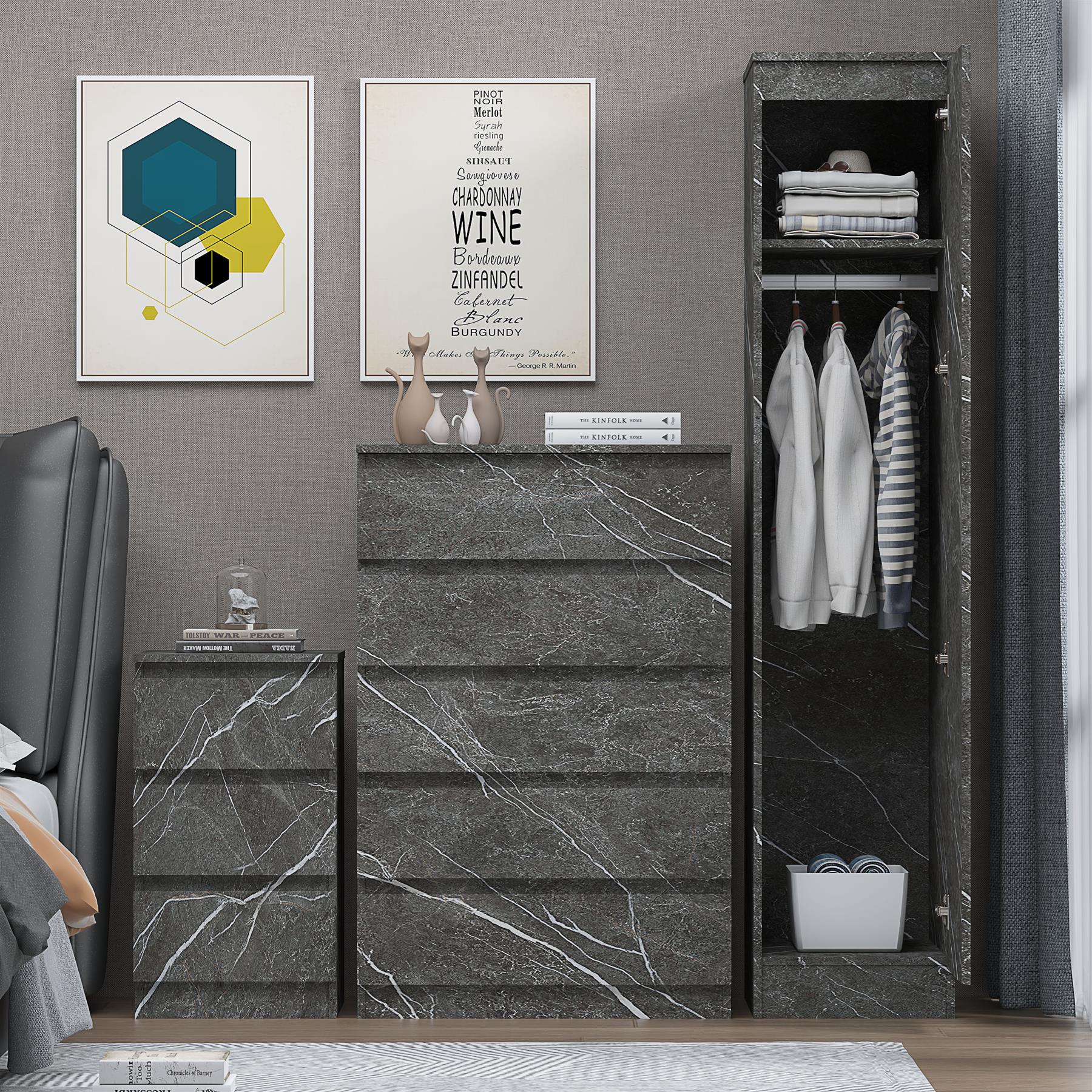 ZITA Grey Marble Effect 3 Piece Bedroom Set - 1-Door Wardrobe, Chest & Bedside Table, Stylish Modern Storage Furniture