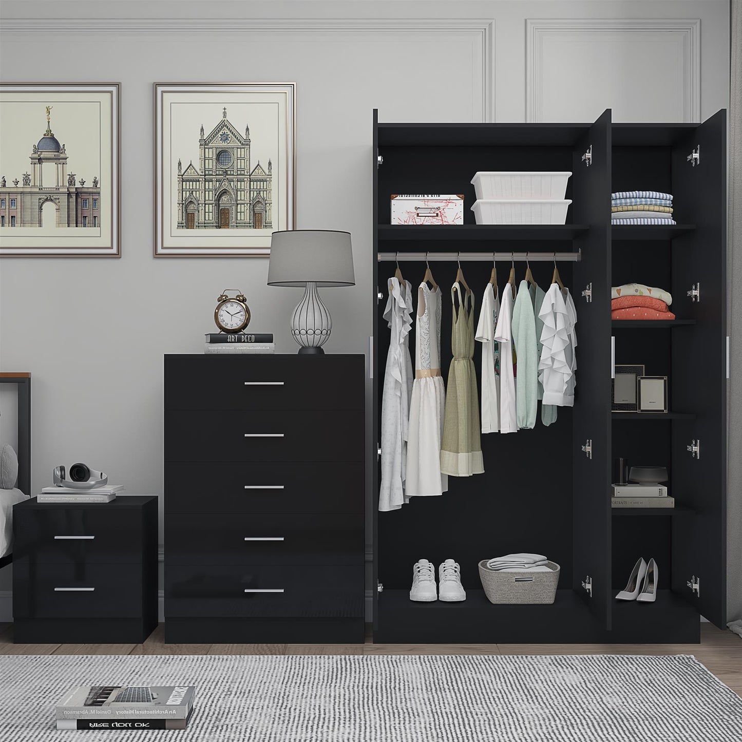 Reflect 3 Door Plain Wardrobe, 5 Drawer Chest, 2 Drawer Bedside - Black Gloss & Black Oak - Modern Bedroom Furniture Set