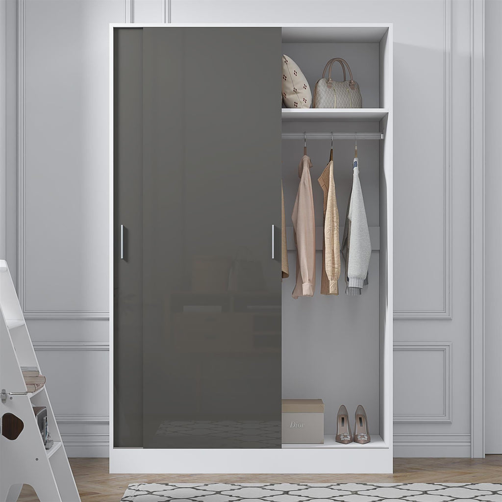 Reflect 2 Door Sliding Wardrobe - Grey Gloss & Matt White - Hanging Rails & Shelves - H:180cm x W: 120cm x D: 58cm - Modern Design