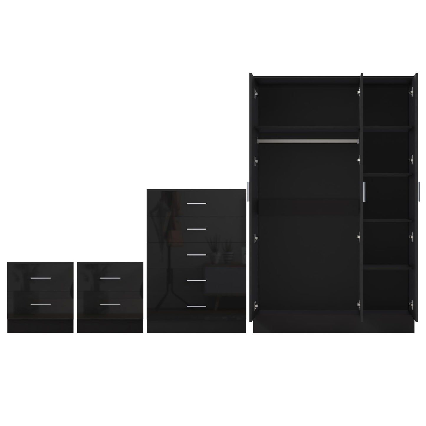 REFLECT Gloss 4pc Bedroom Set - 3 Door Wardrobe + 5 Draw Chest + 2 Bedsides