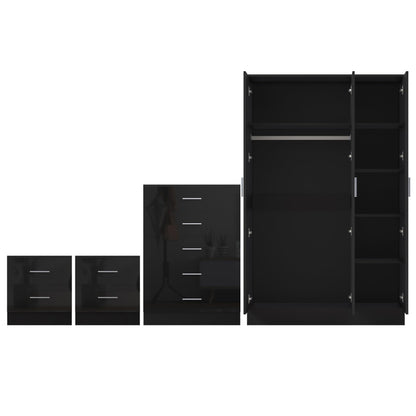 Reflect 3 Door Plain Wardrobe, 5 Drawer Chest, 2x 2 Drawer Bedsides - Black Gloss & Black Oak - Modern Bedroom Furniture Set