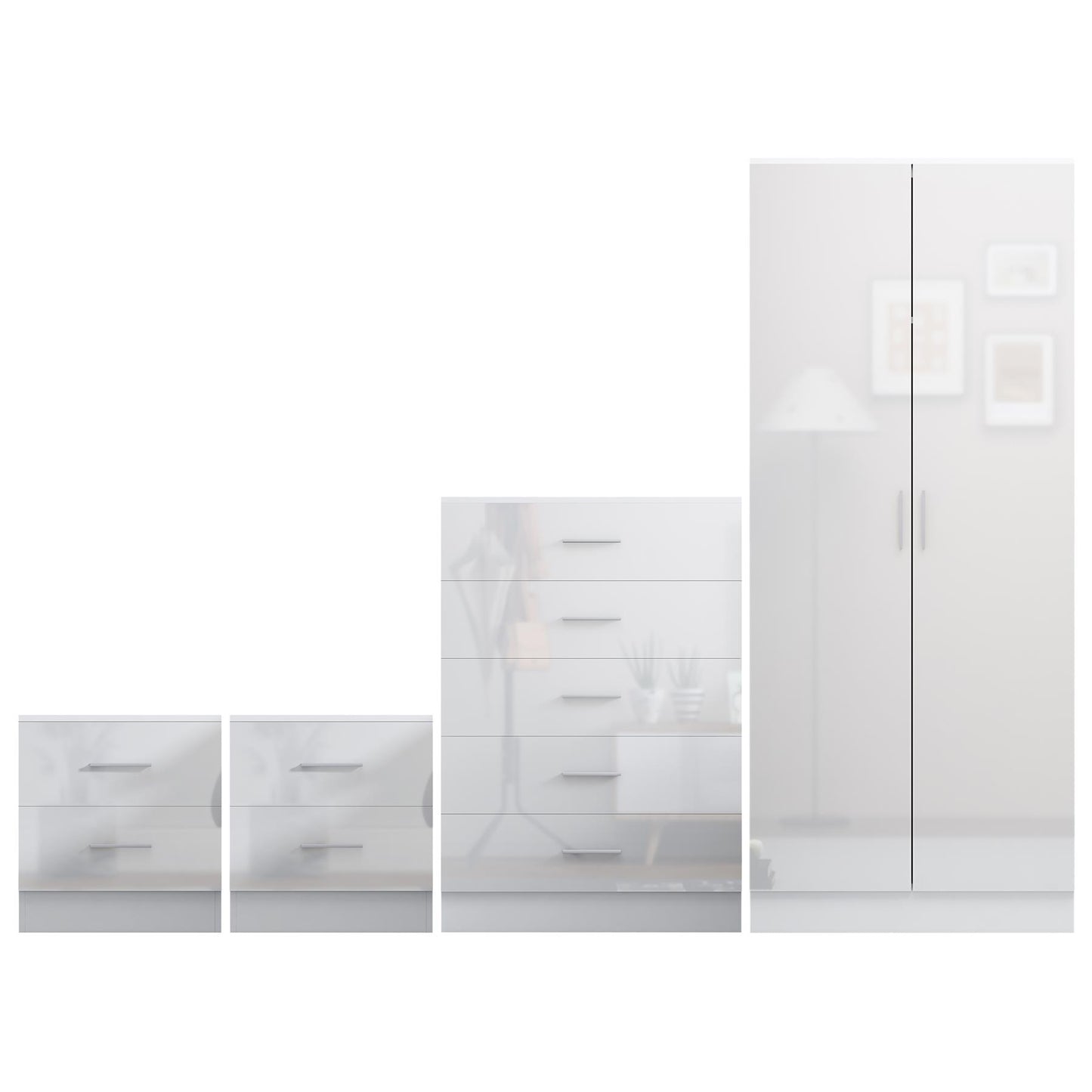 REFLECT Gloss 4pc Bedroom Set - 2 Door Wardrobe + 5 Draw Chest + 2 Bedsides