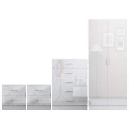 Reflect 2 Door Plain Wardrobe, 5 Drawer Chest, 2x 2 Drawer Bedsides - White Gloss & Matt White - Modern Bedroom Furniture Set