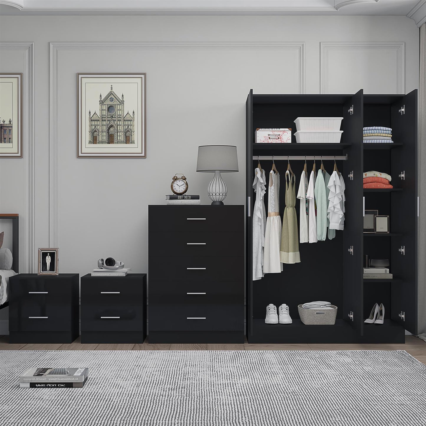 Reflect 3 Door Plain Wardrobe, 5 Drawer Chest, 2x 2 Drawer Bedsides - Black Gloss & Black Oak - Modern Bedroom Furniture Set