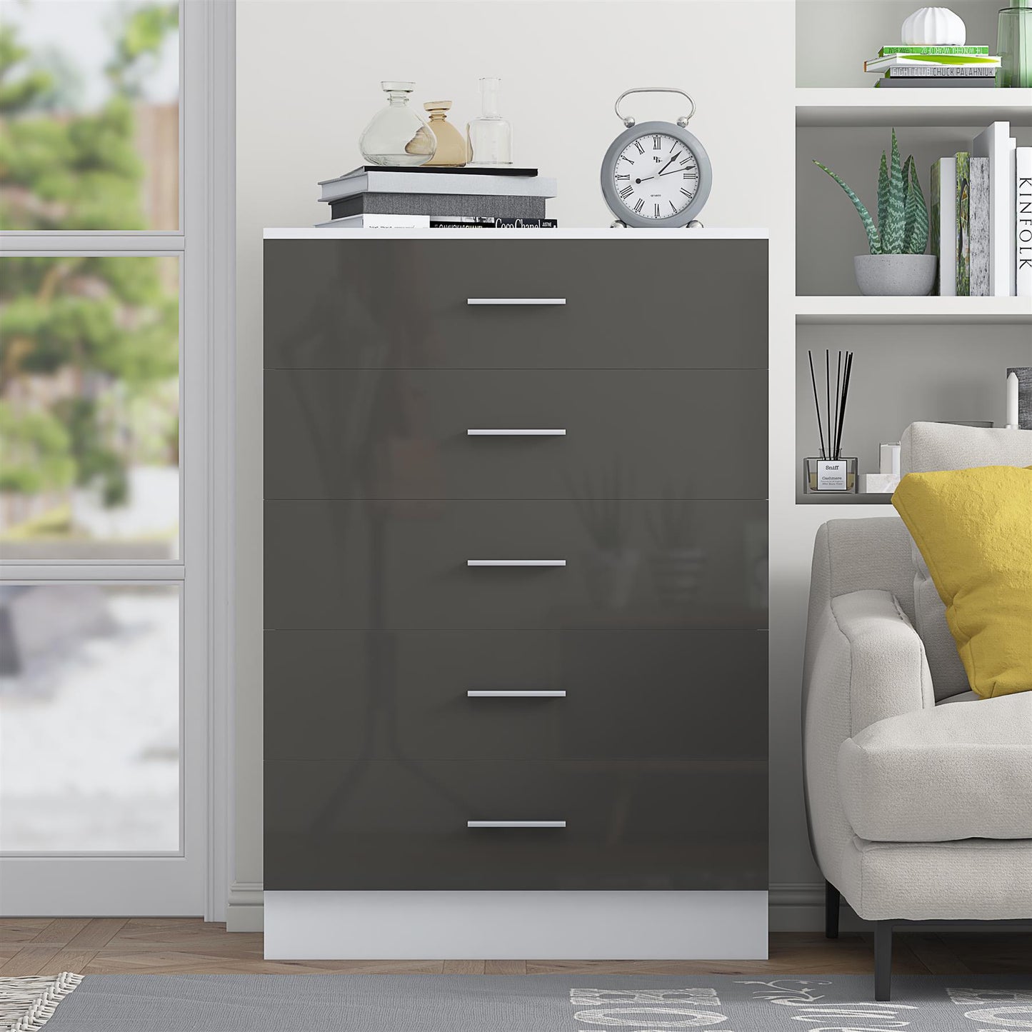 Reflect 5 Drawer Chest - Grey Gloss & Matt White - Modern Vertical Bedroom Storage Unit