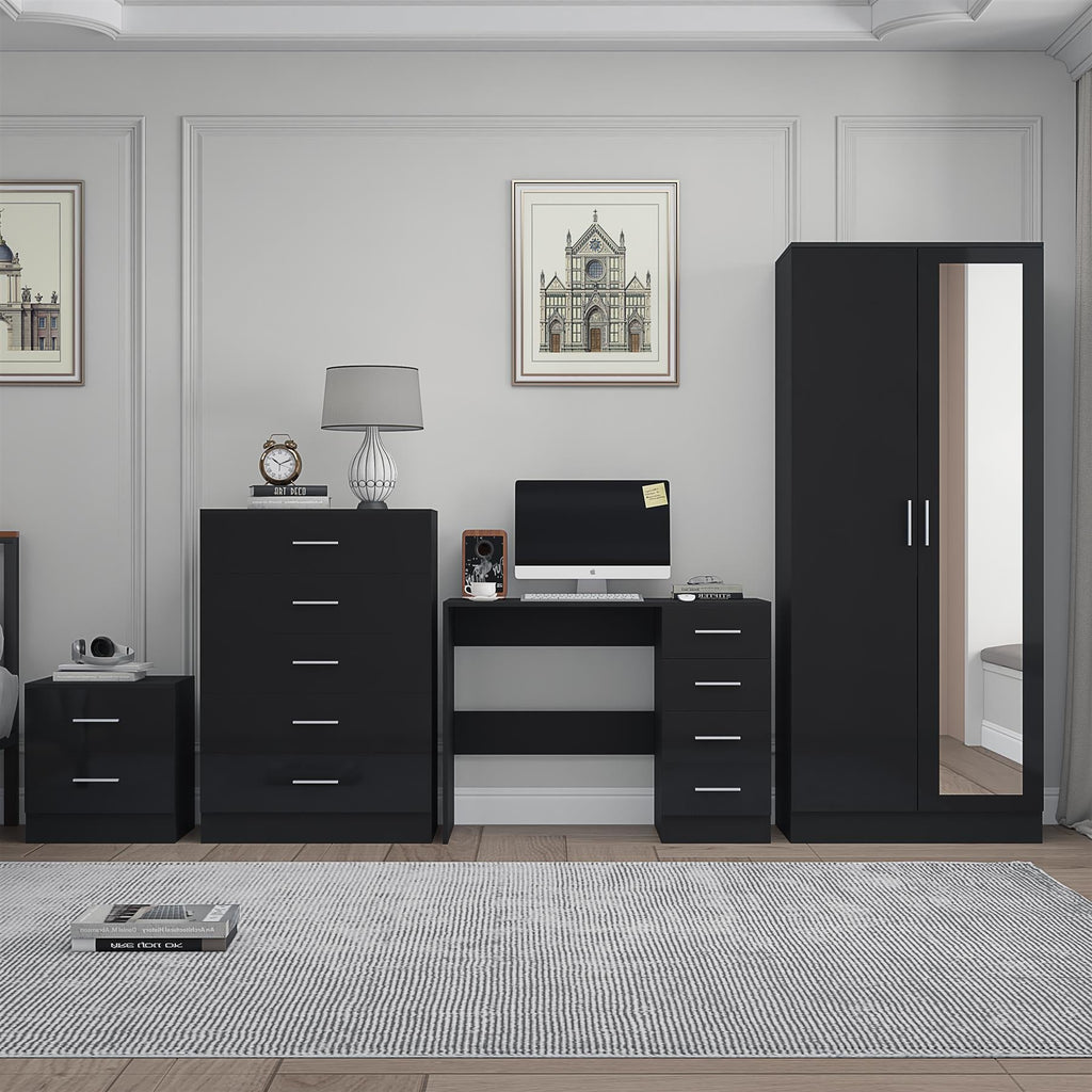 REFLECT Gloss 4pc Set - 2 Door Mirrored Wardrobe + 5 Draw Chest + Bedside + Desk