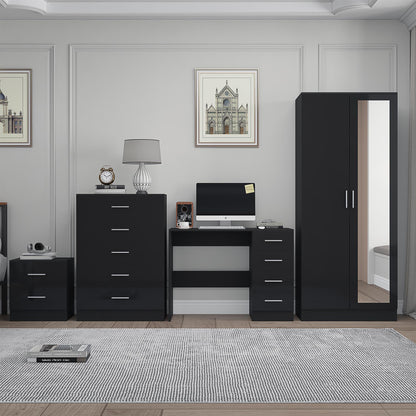 REFLECT Gloss 4pc Set - 2 Door Mirrored Wardrobe + 5 Draw Chest + Bedside + Desk