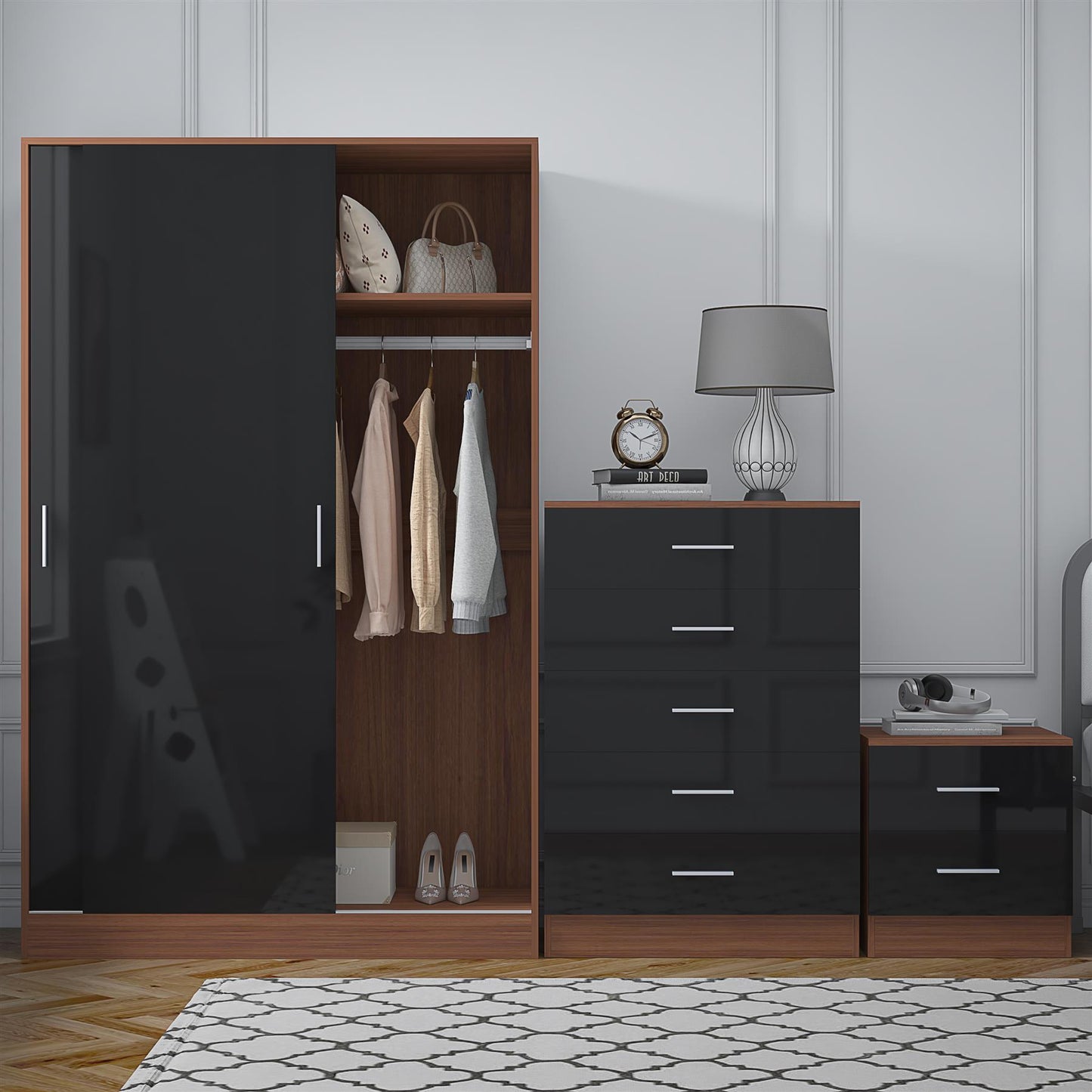 REFLECT Gloss 3pc Set - 2 Door Sliding Wardrobe + 5 Draw Chest + Bedside