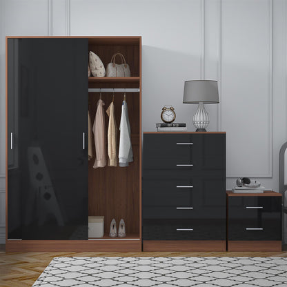 REFLECT Gloss 3pc Set - 2 Door Sliding Wardrobe + 5 Draw Chest + Bedside