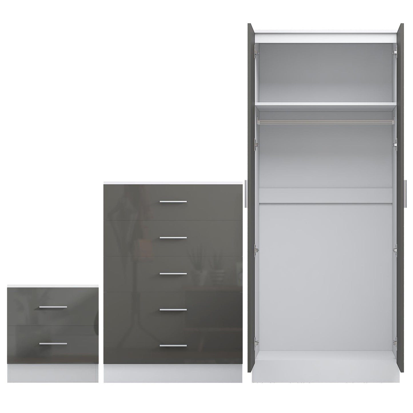 REFLECT Gloss 3pc Bedroom Set - 2 Door Wardrobe + 5 Draw Chest + Bedside