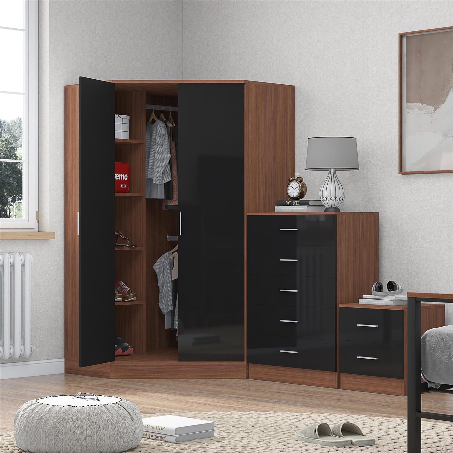 REFLECT Gloss 3pc Set - 2 Door Corner Wardrobe + 5 Draw Chest + Bedside