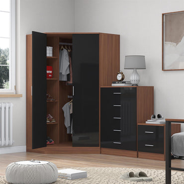 Reflect 2 Door Corner Wardrobe, 5 Drawer Chest, 2 Drawer Bedside - Black Gloss & Walnut - Bedroom Furniture Set