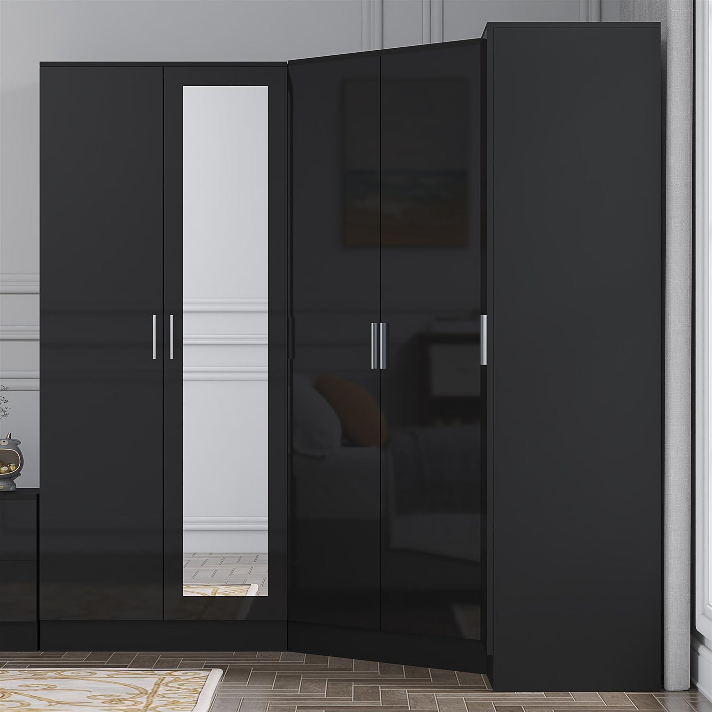 Reflect 3pc Wardrobe Bundle - 2 Door Corner + 2 Door Mirror + 1 Door Plain - Black Gloss & Black Oak