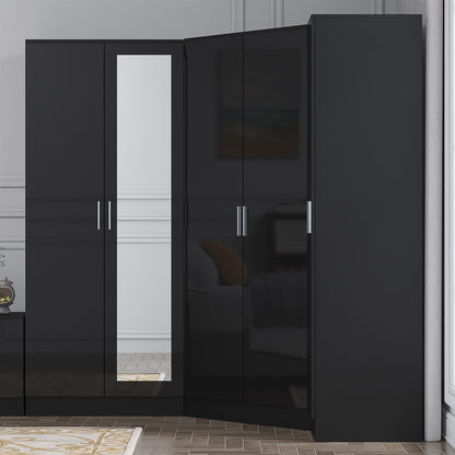 Reflect 3pc Wardrobe Bundle - 2 Door Corner + 2 Door Mirror + 1 Door Plain - Black Gloss & Black Oak