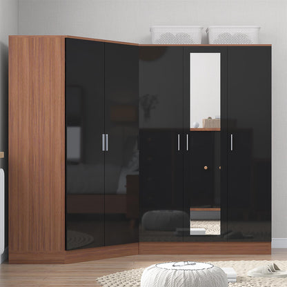 Reflect 2pc Wardrobe Bundle - 2 Door Corner + 3 Door Mirror - Black Gloss & Walnut