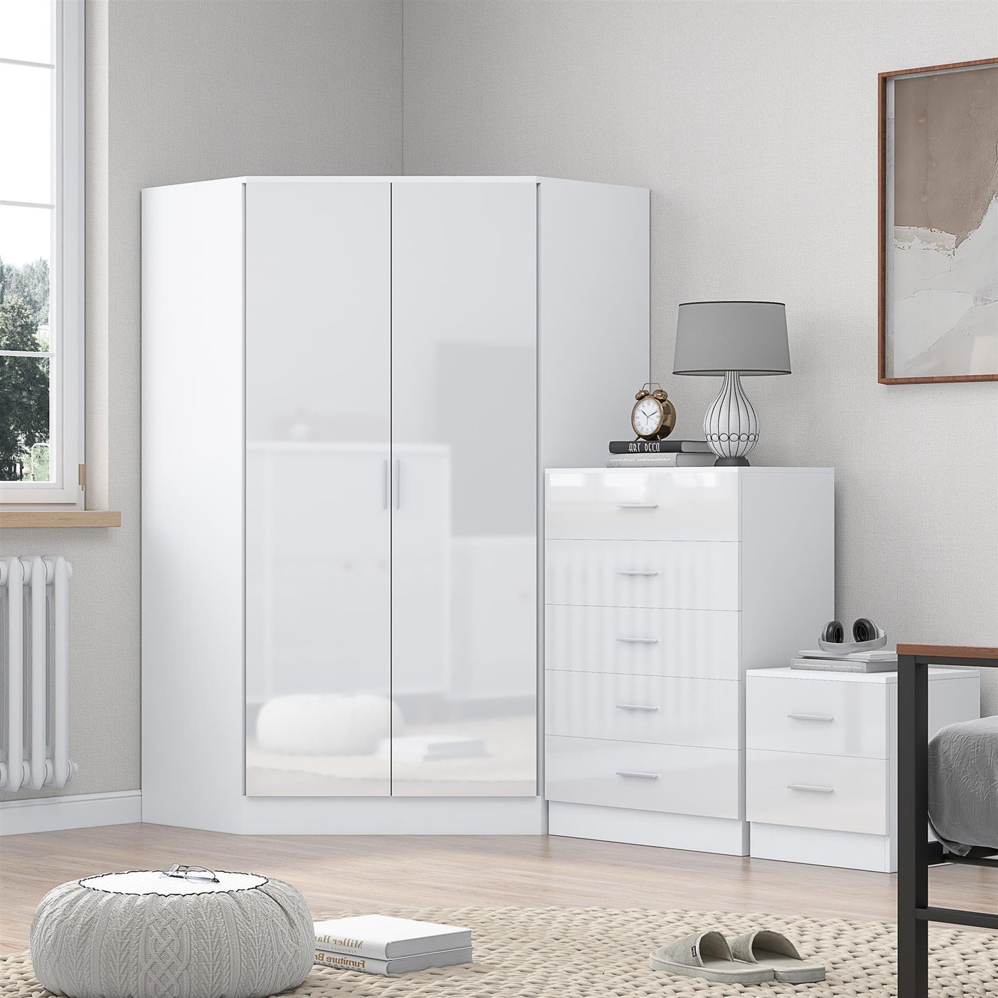 REFLECT Gloss 3pc Set - 2 Door Corner Wardrobe + 5 Draw Chest + Bedside