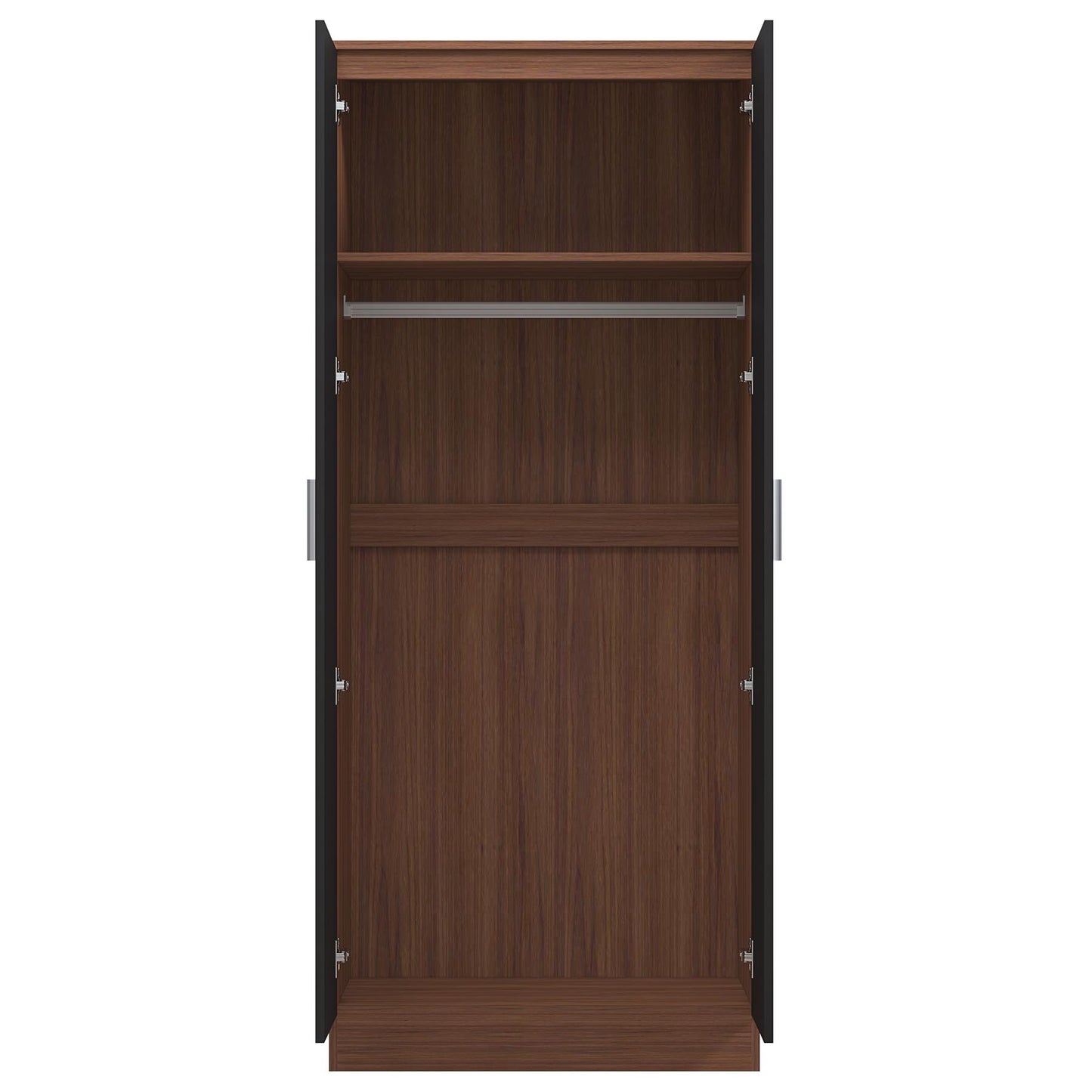 Reflect 2 Door Mirrored Wardrobe - Black Gloss & Walnut - Hanging Rails & Shelves - Modern Sleek Design