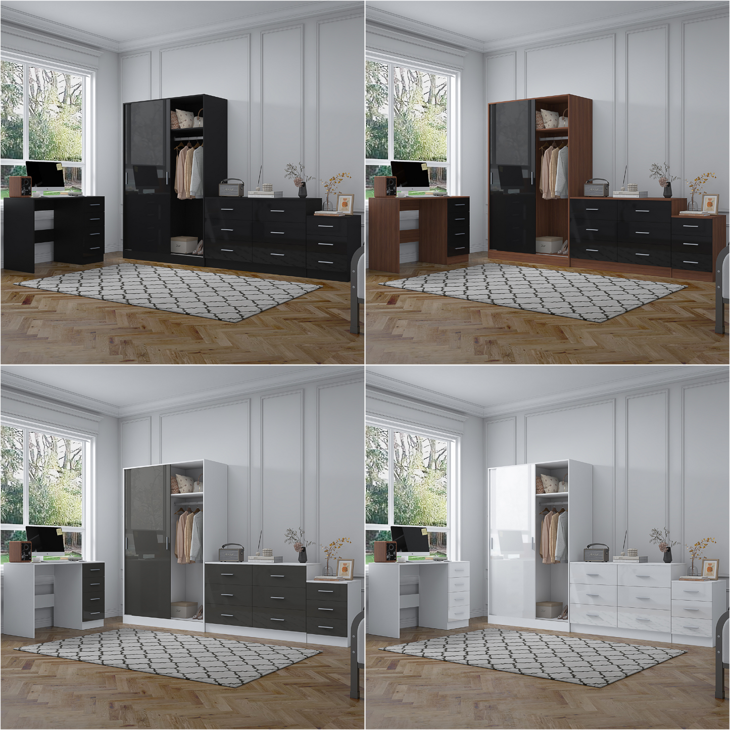 REFLECT Gloss 4pc Set - 2 Door Sliding Wardrobe + Wide Chest + Bedside + Desk