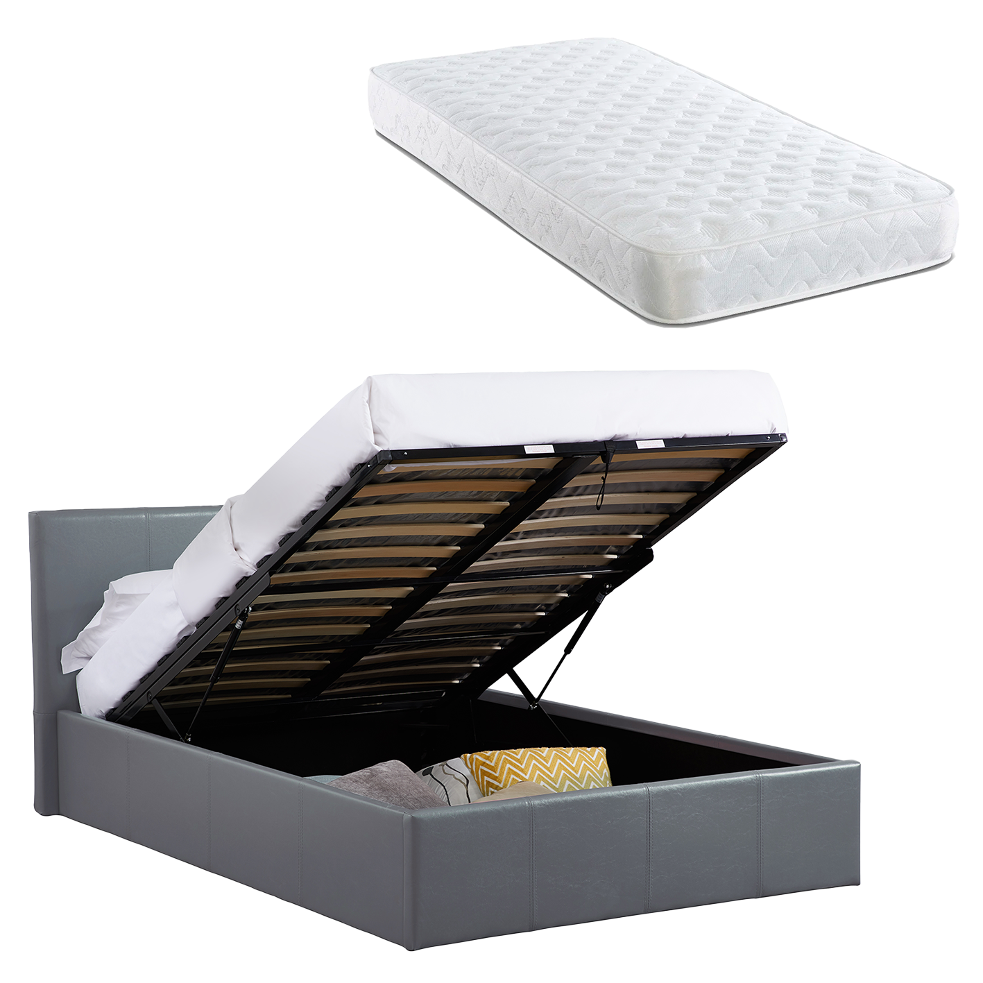 LUNA Faux Leather Ottoman Storage Bedframe in Grey 4 Size + Mattress Options