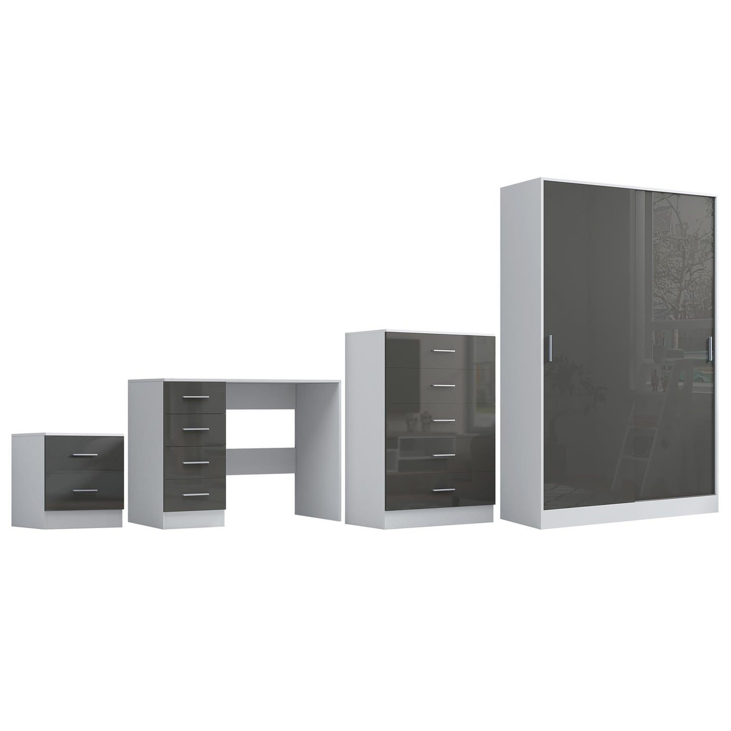 REFLECT Gloss 4pc Set - 2 Door Sliding Wardrobe + 5 Draw Chest + Bedside + Desk