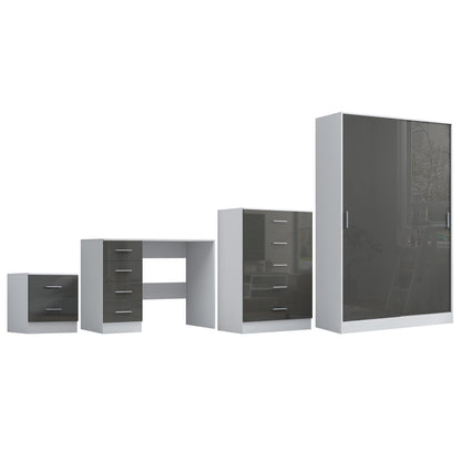 Reflect 2 Door Sliding Wardrobe, 5 Drawer Chest, 2 Drawer Bedside & Desk - Grey Gloss & Matt White - Modern Bedroom Furniture Set