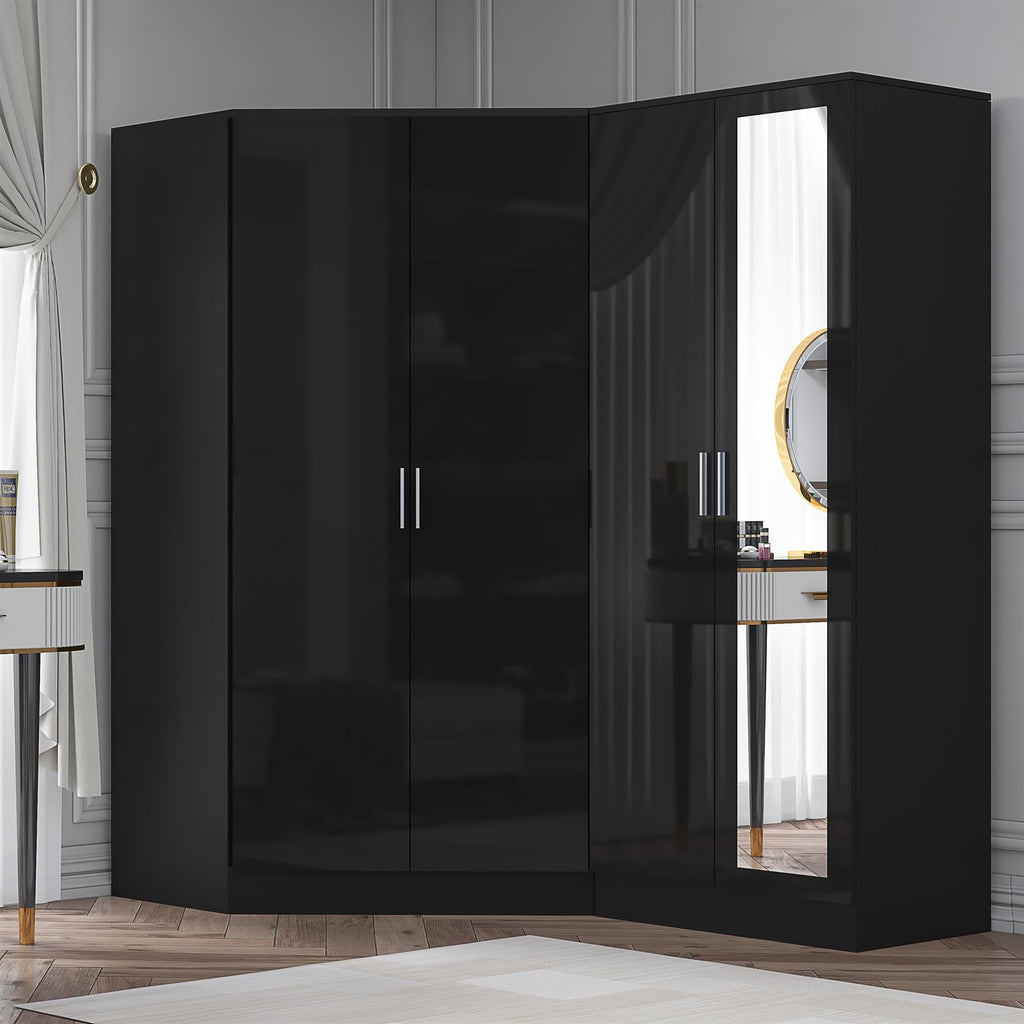 Reflect 2pc Wardrobe Bundle - 2 Door Corner + 2 Door Mirror - Black Gloss & Black Oak - H: 180cm x W: 179cm x D: 103cm