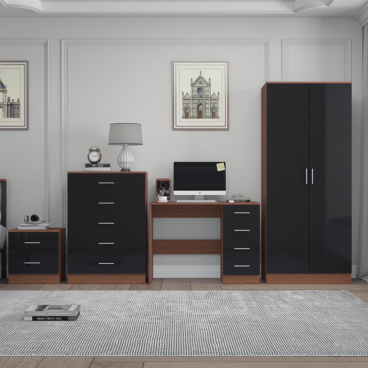 Reflect 2 Door Plain Wardrobe, 5 Drawer Chest, 2 Drawer Bedside & Desk - Black Gloss & Walnut - Modern Bedroom Furniture Set