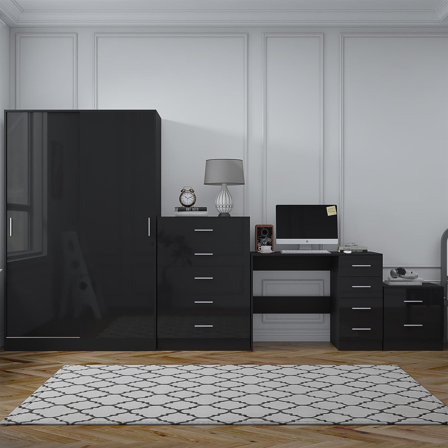 REFLECT Gloss 4pc Set - 2 Door Sliding Wardrobe + 5 Draw Chest + Bedside + Desk
