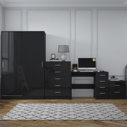 Reflect 2 Door Sliding Wardrobe, 5 Drawer Chest, 2 Drawer Bedside & Desk - Black Gloss & Black Oak - Modern Bedroom Furniture Set