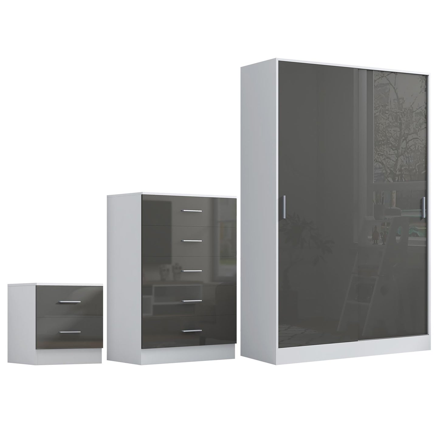 REFLECT Gloss 3pc Set - 2 Door Sliding Wardrobe + 5 Draw Chest + Bedside