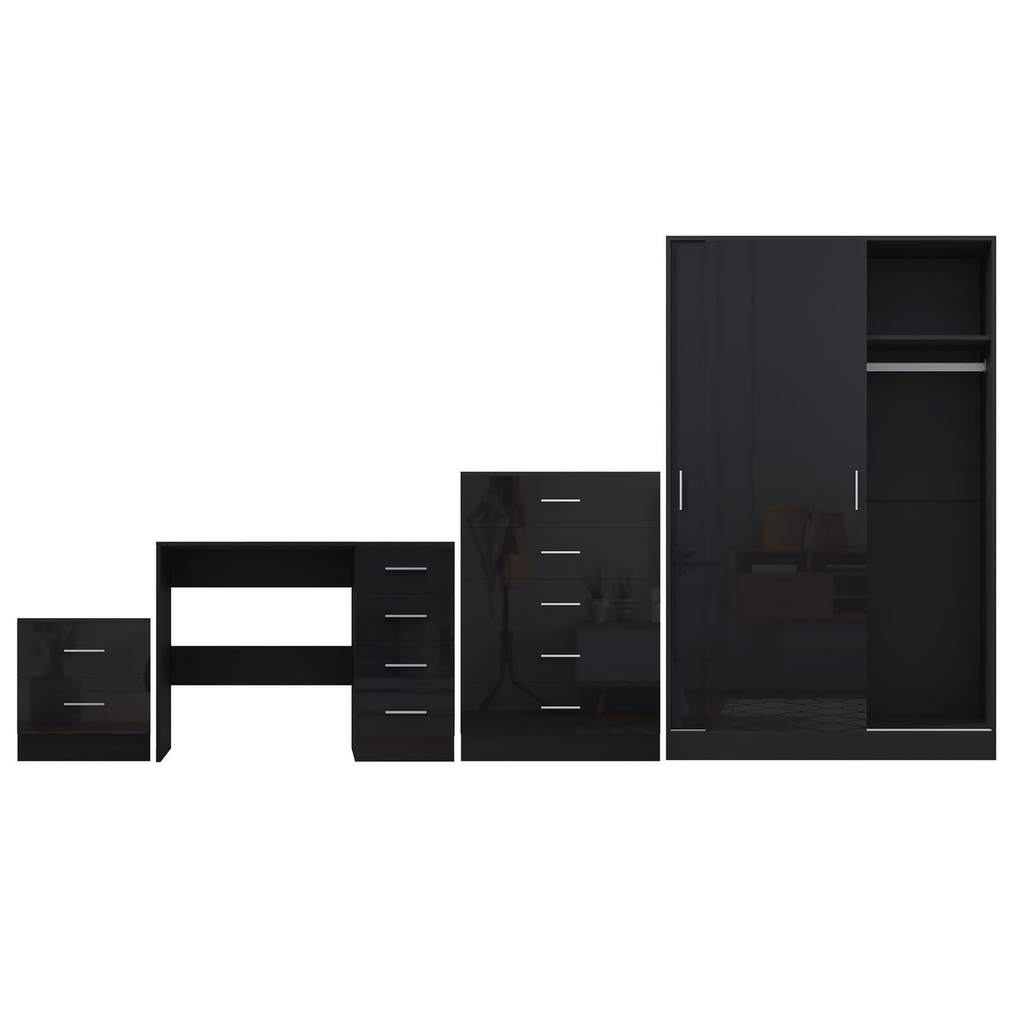 Reflect 2 Door Sliding Wardrobe, 5 Drawer Chest, 2 Drawer Bedside & Desk - Black Gloss & Black Oak - Modern Bedroom Furniture Set