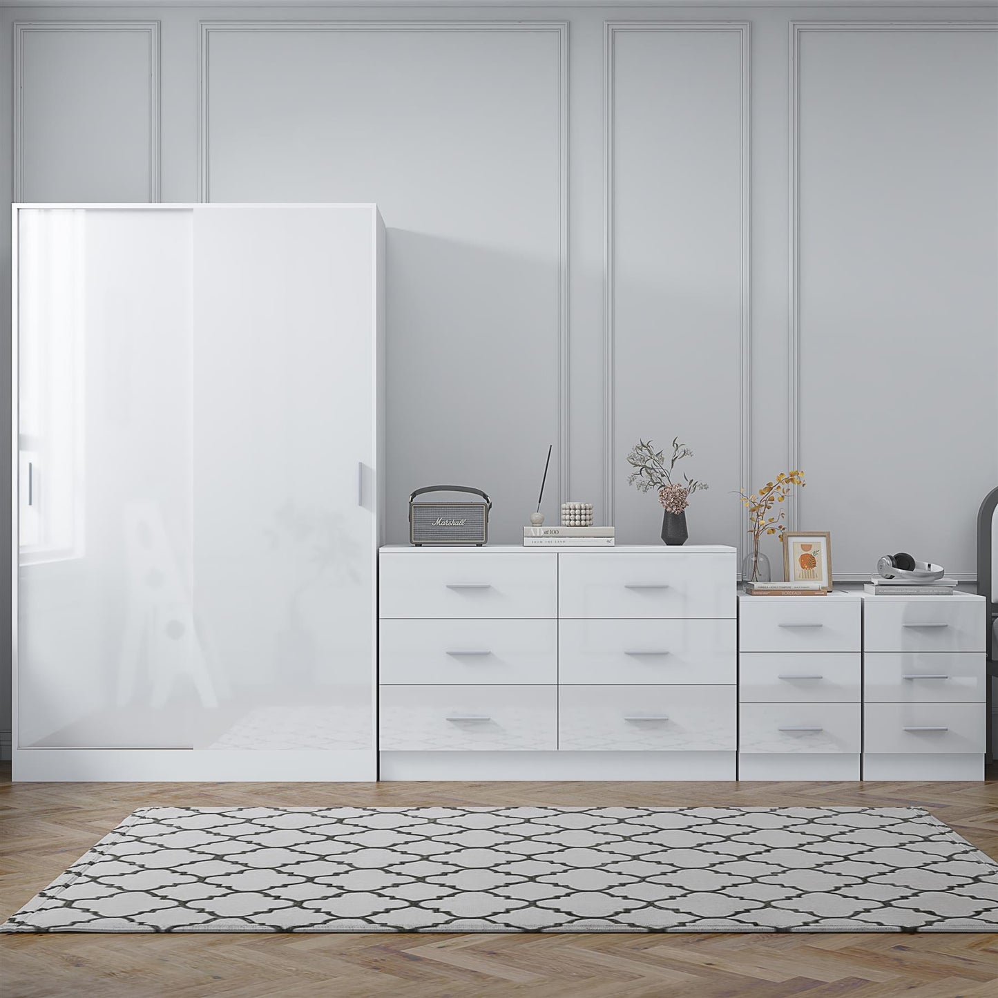 REFLECT Gloss 4pc Set - 2 Door Sliding Wardrobe + Wide Chest + 2 Tall Bedsides