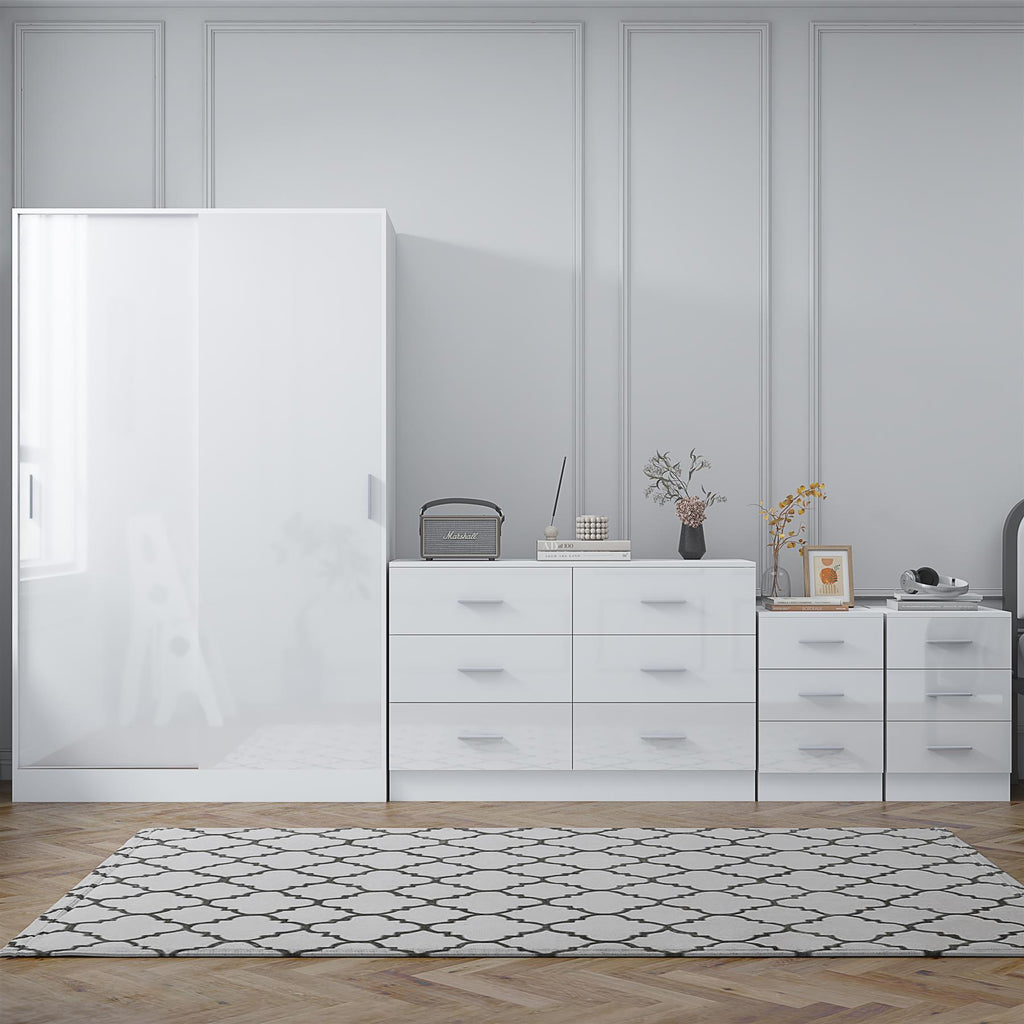 Reflect 2 Door Sliding Wardrobe, 6 Draw Wide Chest, 2x3 Drawer Bedsides - White Gloss & Matt White - Modern Bedroom Furniture Set