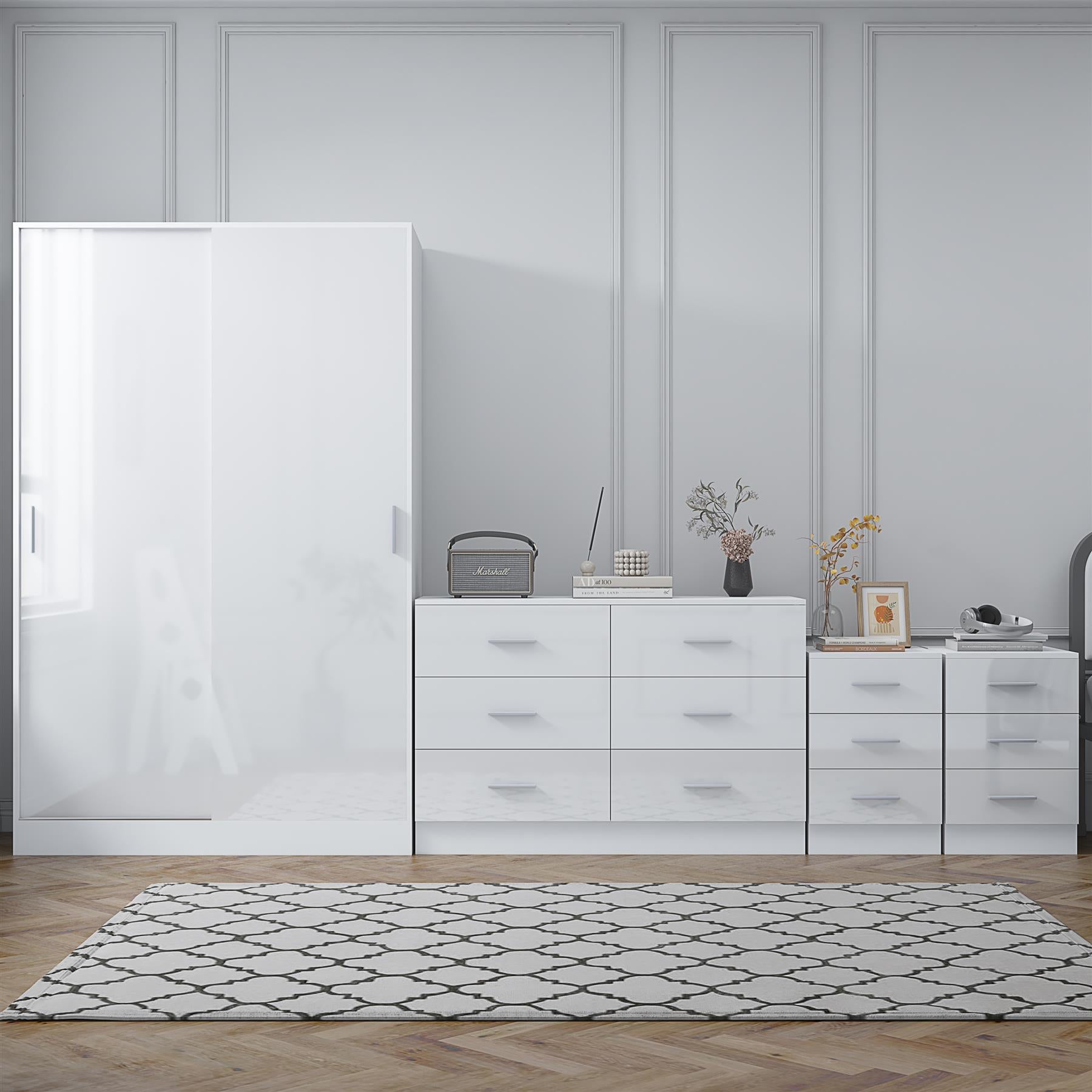 Reflect 2 Door Sliding Wardrobe, 6 Draw Wide Chest, 2x3 Drawer Bedsides - White Gloss & Matt White - Modern Bedroom Furniture Set