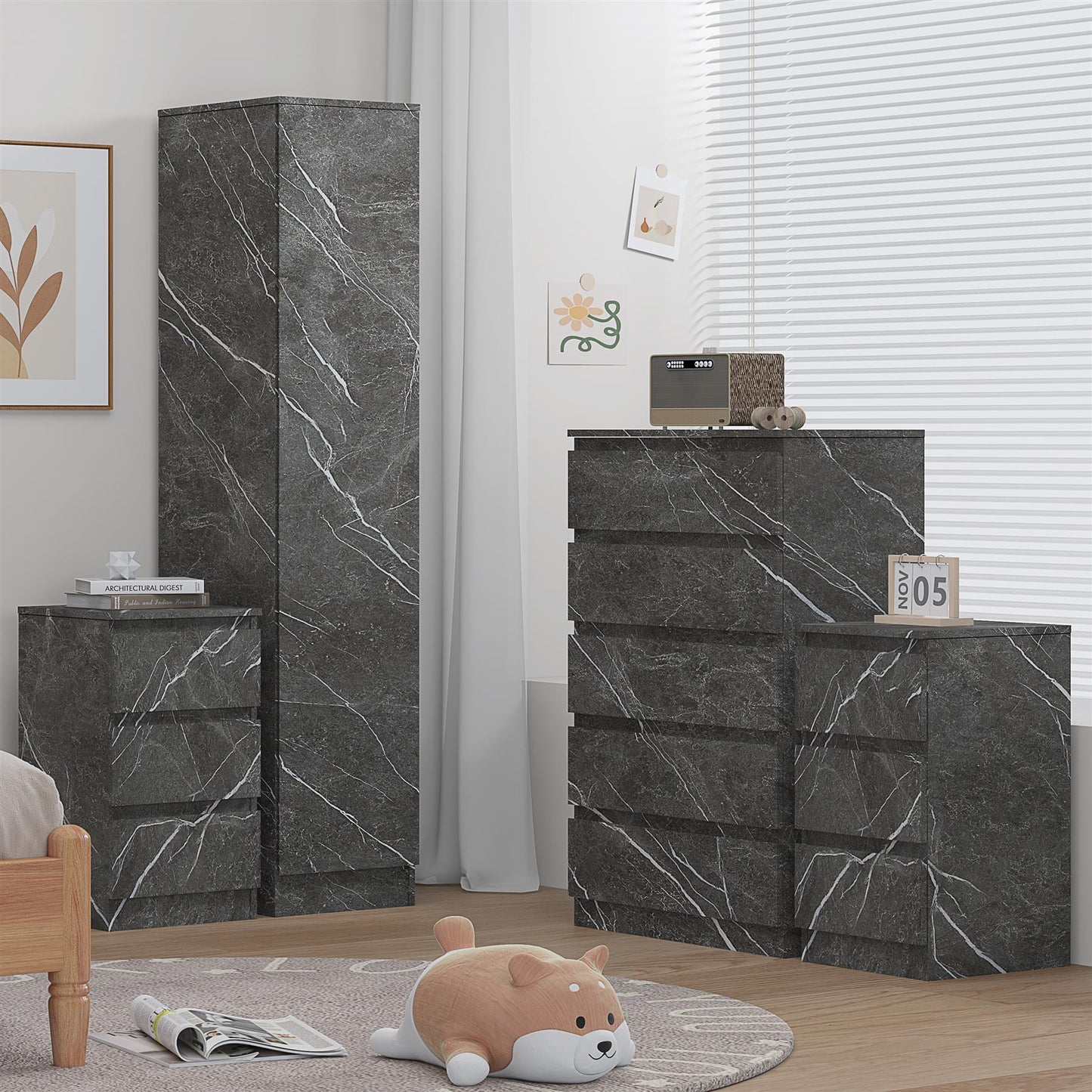 ZITA 4pc Set - 1 Door Wardrobe + Tall Chest + 2 Bedsides in White OR Grey Marble