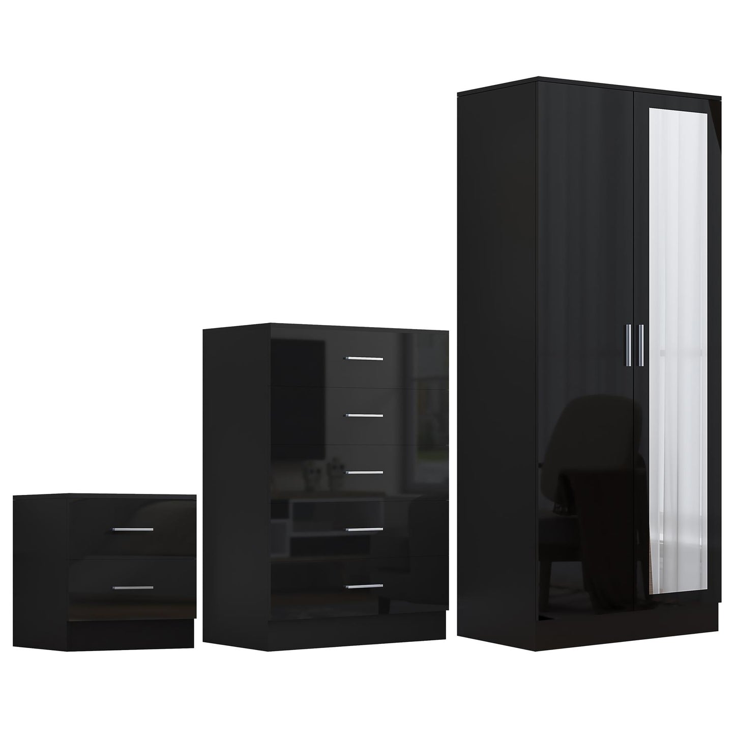 REFLECT Gloss 3pc Set - 2 Door Mirrored Wardrobe + 5 Draw Chest + Bedside