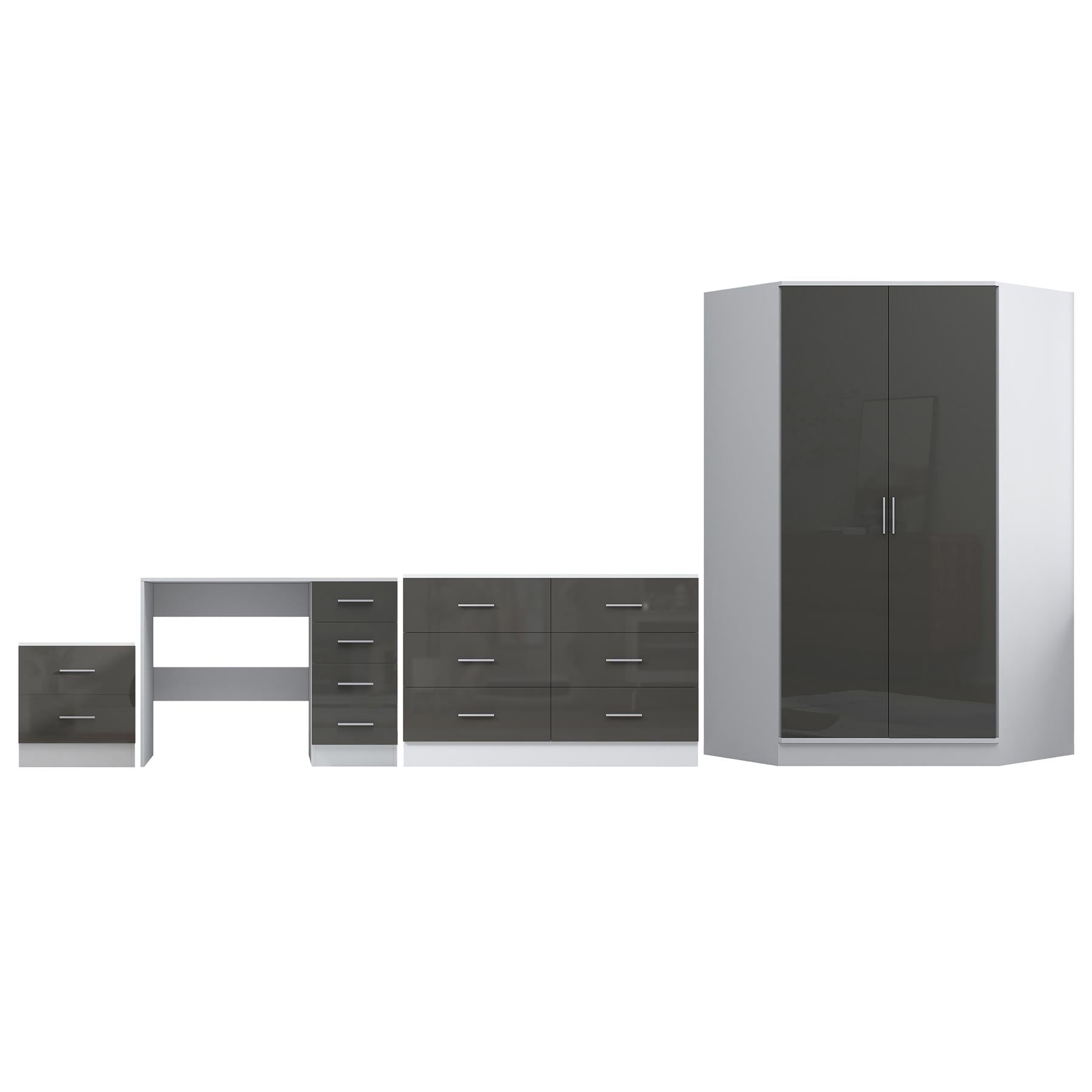REFLECT - 2 Door CORNER + 6 Drawer Chest + 2 Drawer Bedside + 4 Drawer Desk - Gloss Grey / Matt White