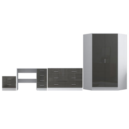 Reflect 2 Door Corner Wardrobe, 6 Drawer Chest, 2 Drawer Bedside & Desk - Grey Gloss & Matt White - Bedroom Furniture Set