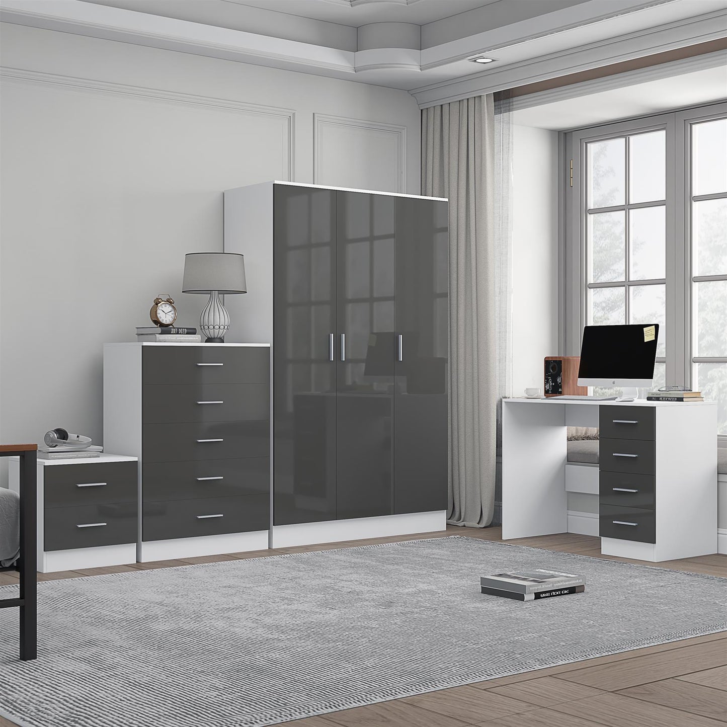 REFLECT Gloss 4pc Bedroom Set - 3 Door Wardrobe + Tall Chest + Bedside + Desk