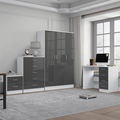 REFLECT Gloss 4pc Bedroom Set - 3 Door Wardrobe + Tall Chest + Bedside + Desk