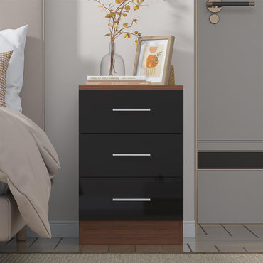 Reflect 3 Drawer Bedside - Black Gloss & Walnut - Modern Nightstand for Bedroom Storage