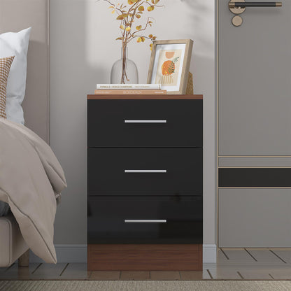 Reflect 3 Drawer Bedside - Black Gloss & Walnut - Modern Nightstand for Bedroom Storage