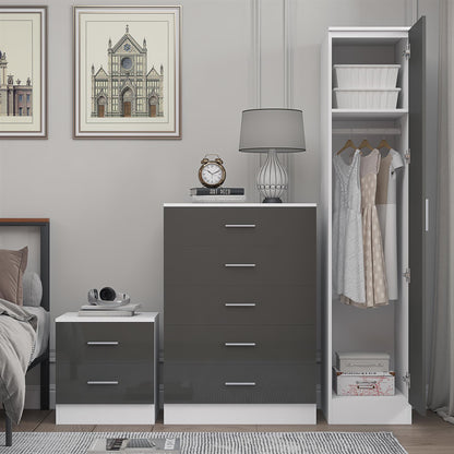 REFLECT Gloss 3pc Bedroom Set - 1 Door Wardrobe + 5 Draw Chest + Bedside