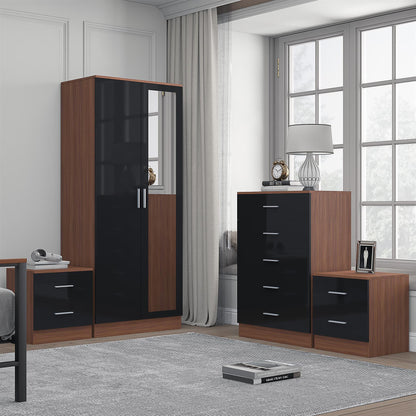 REFLECT Gloss 4pc Set - 2 Door Mirrored Wardrobe + 5 Draw Chest + 2 Bedsides