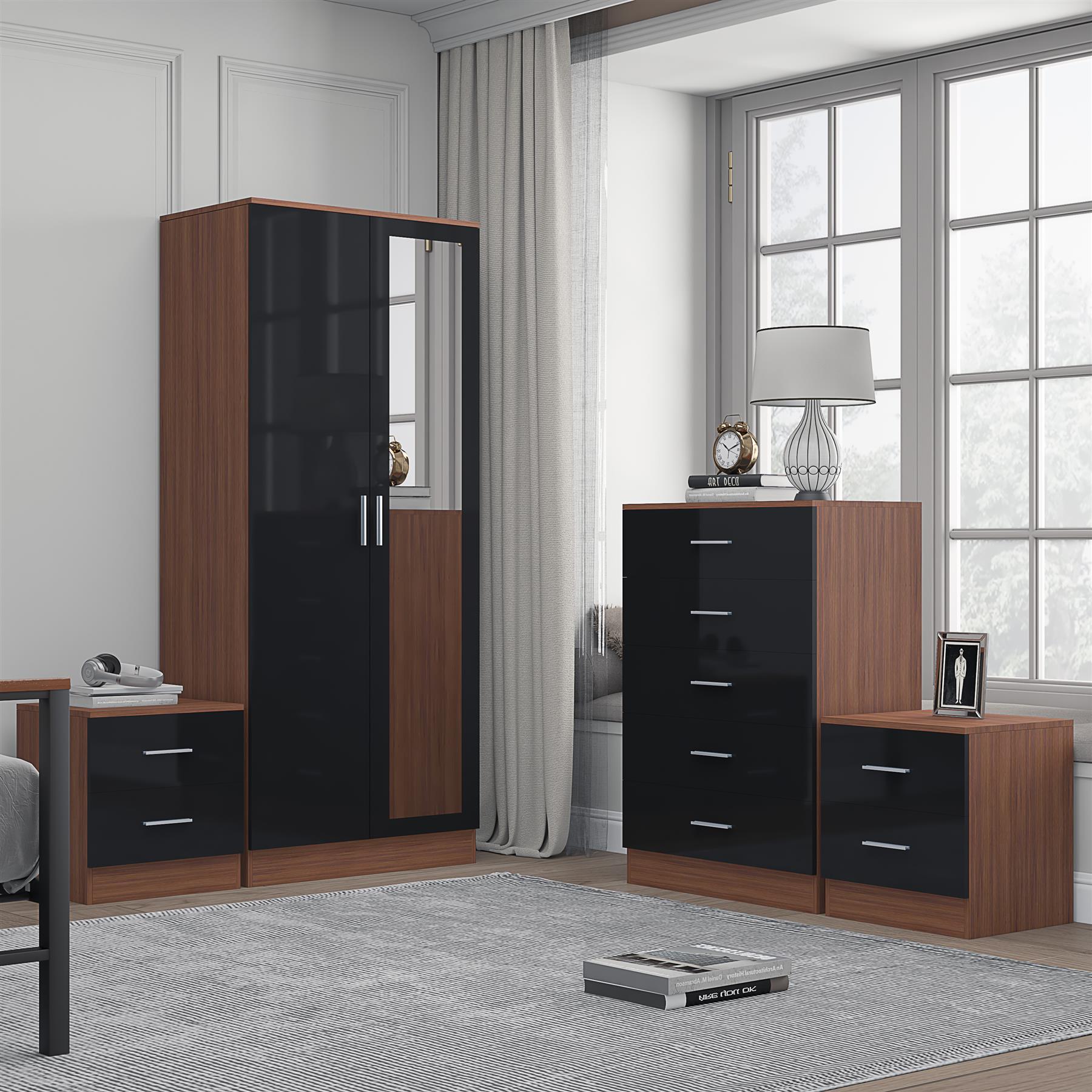 Reflect 2 Door Mirror Wardrobe, 5 Drawer Chest, 2x 2 Drawer Bedsides - Black Gloss & Walnut - Modern Bedroom Furniture Set